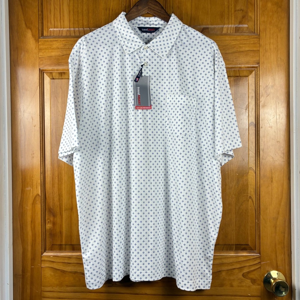 Roundree & Yorke TravelSmart Men XXL White Blue Geometric Supima Polo Shirt NWT